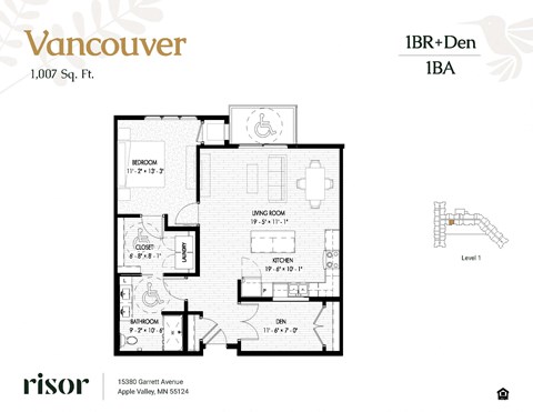 Floor plan for 1 bed, 1 bath, 1007 sqft